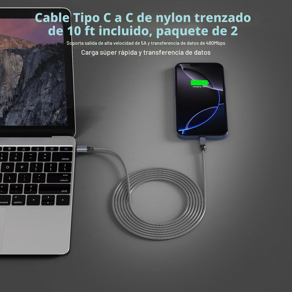 Paquete de 2 Cargador Súper Rápido Samsung de 45W Tipo C, Cable de Carga Tipo C de 10 Pies con Cargador Samsung USB C Cable USB C-C de 10 Pies para Samsung Galaxy S25/S24+/Ultra/S22/S21/S20, iPhone17