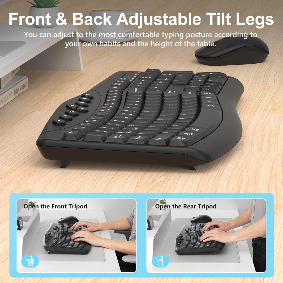 Combo de teclado y mouse inalámbricos, teclado curvo ergonómico sil...
