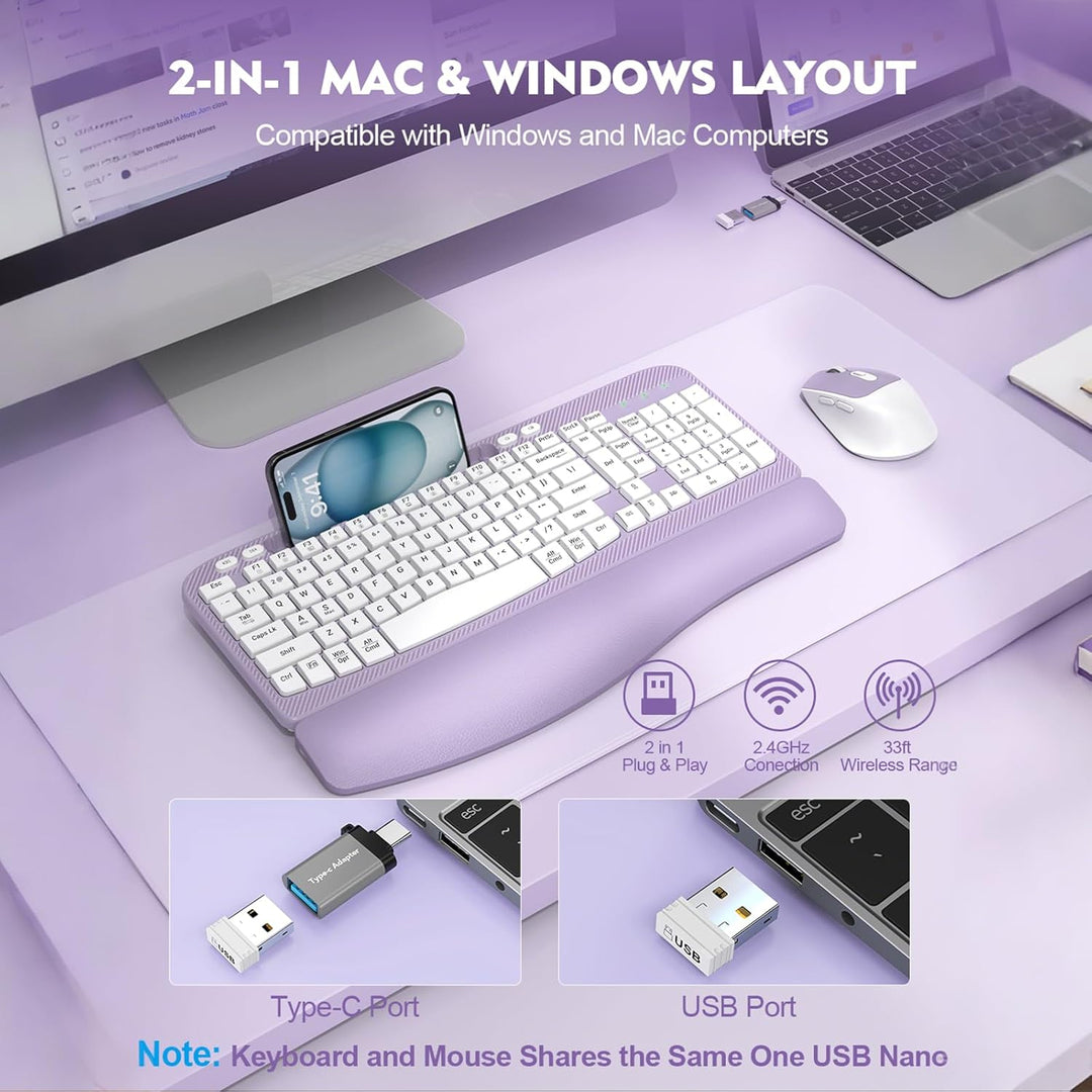 Combo de teclado y mouse inalámbrico, teclado ergonómico de tamaño...