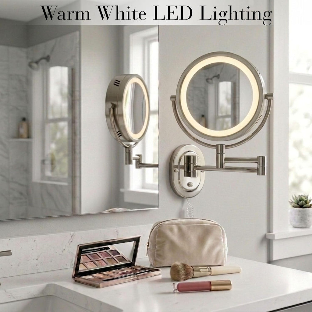 Espejo de pared jerdon de 8 pulgadas, con 5 aumentos, iluminado, extensión de 13 pulgadas. , Iluminado, L, Nickel