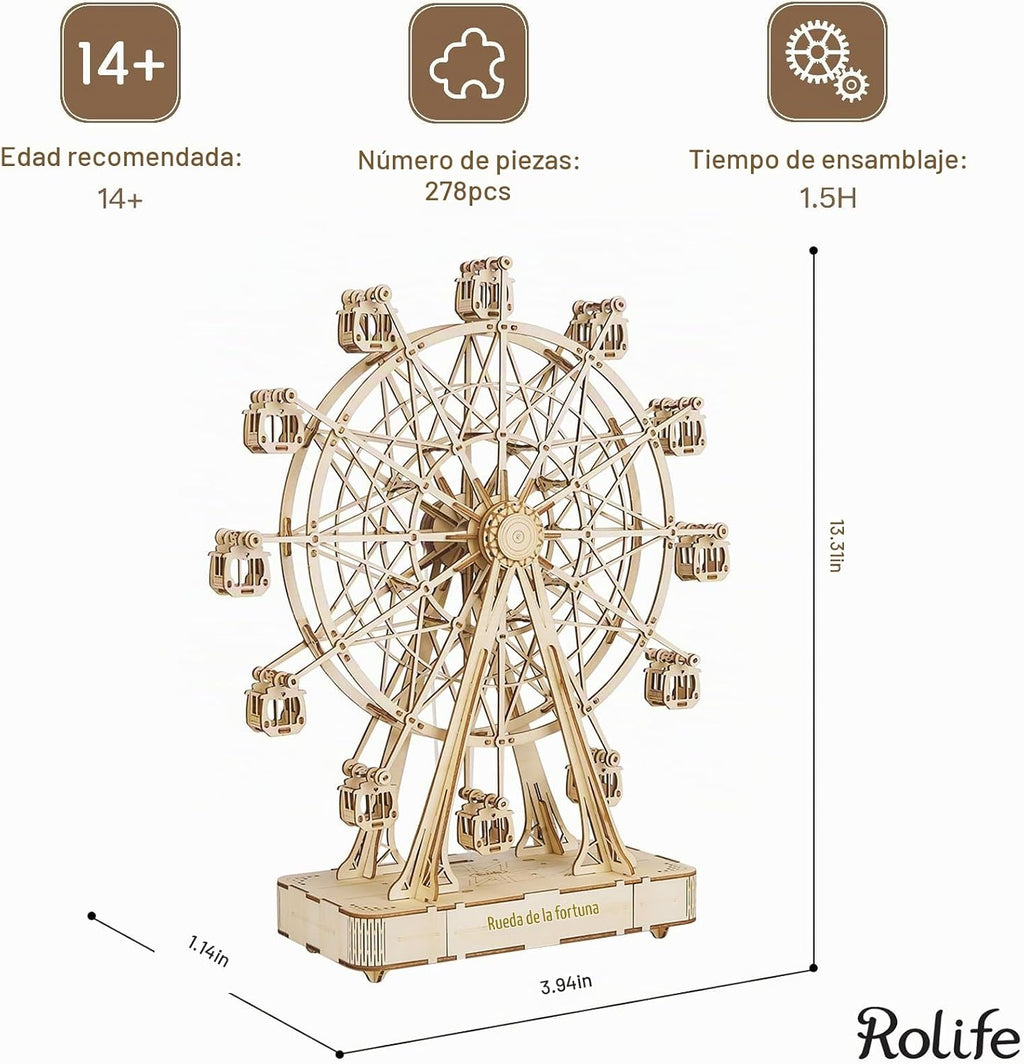 Rolife Rompecabezas de madera 3D para adultos, kits de manualidades mecánicas para niños, juegos de modelos de música de ruedas de fortuna para construir, rompecabezas de rompecabezas para niños y