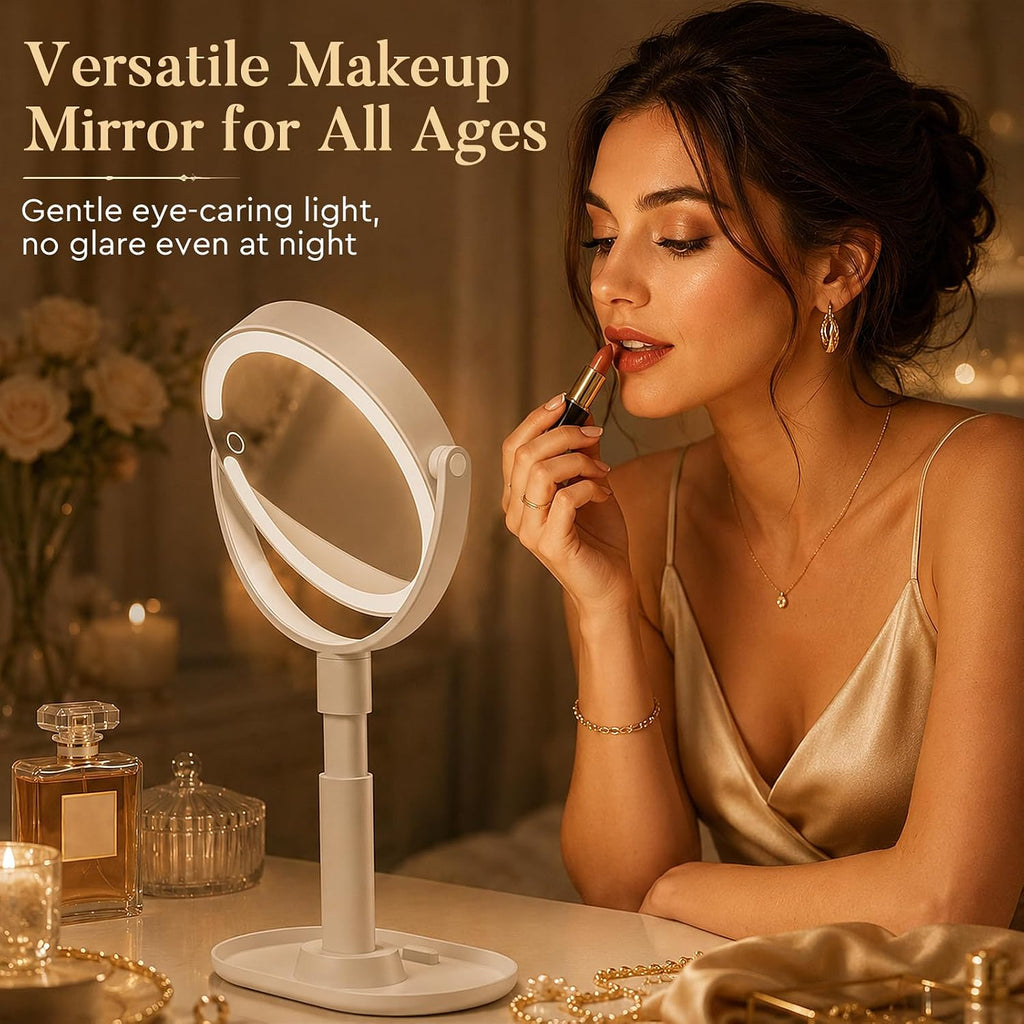 Espejo de maquillaje con luces, espejos de aumento 20X, altura ajustable, espejo de tocador con luces recargable, 3 modos de color, espejos de viaje desmontables de doble cara, regalo para mujeres, blanco