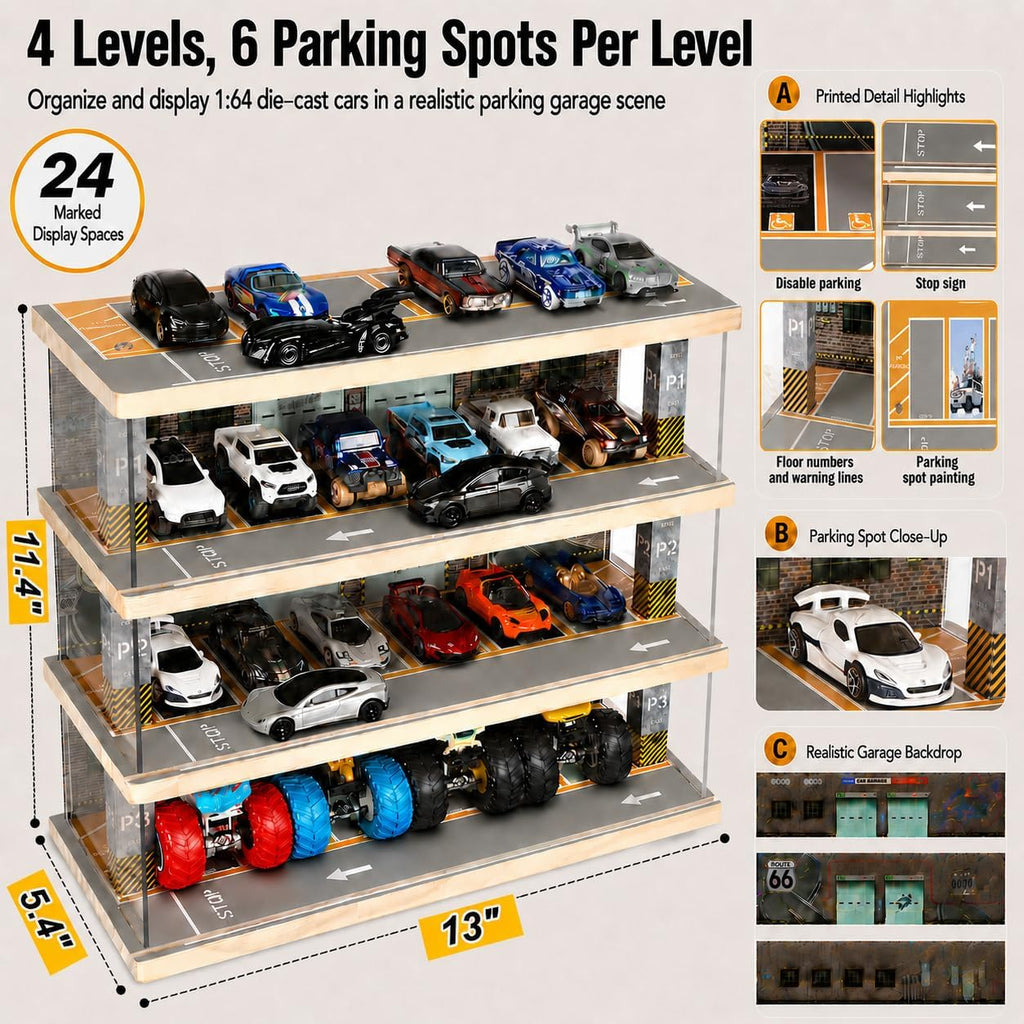 Saichotoy Display Case para Hot Wheels, Lighted 4-Tier Wooden Garage Storage