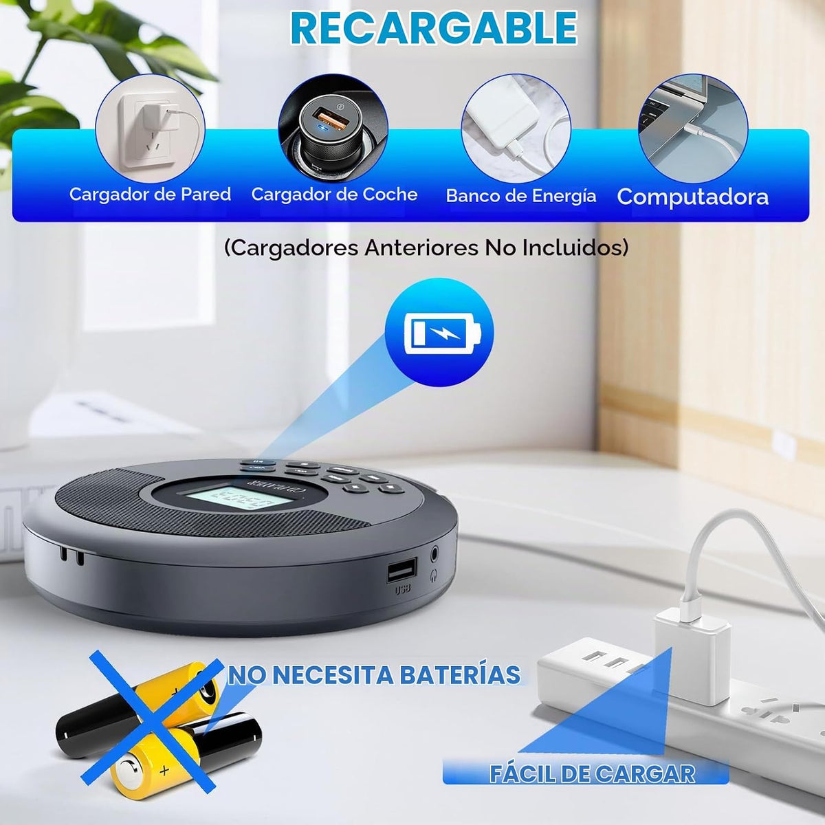 Reproductor de CD portátil Bluetooth con altavoces y auriculares