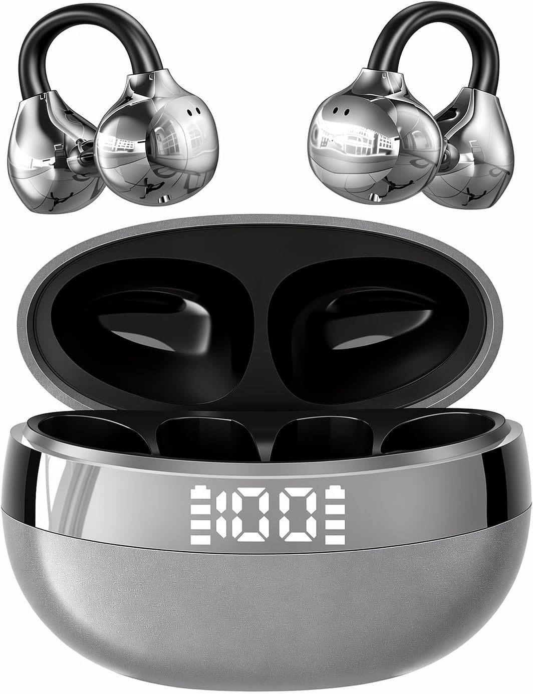 Auriculares inalámbricos con clip de oreja abierta, auriculares inalámbricos Bluetooth 6.3, estuche de carga inalámbrica y pantalla de alimentación LED, auriculares de fitness impermeables para correr