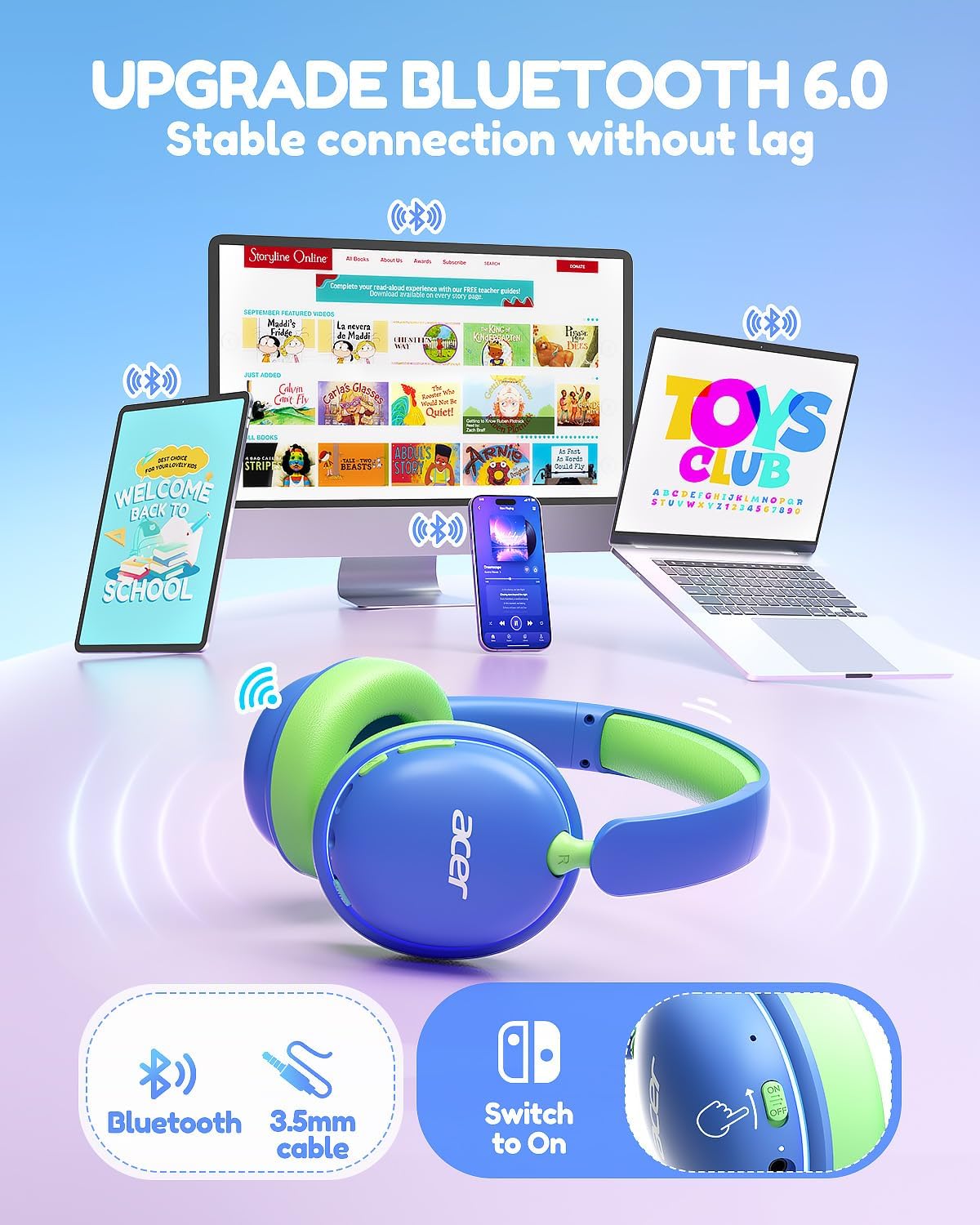 Acer OHR727 Audífonos Bluetooth para Niños OHR727, Diseño cómodo Over‑Ear para viajar