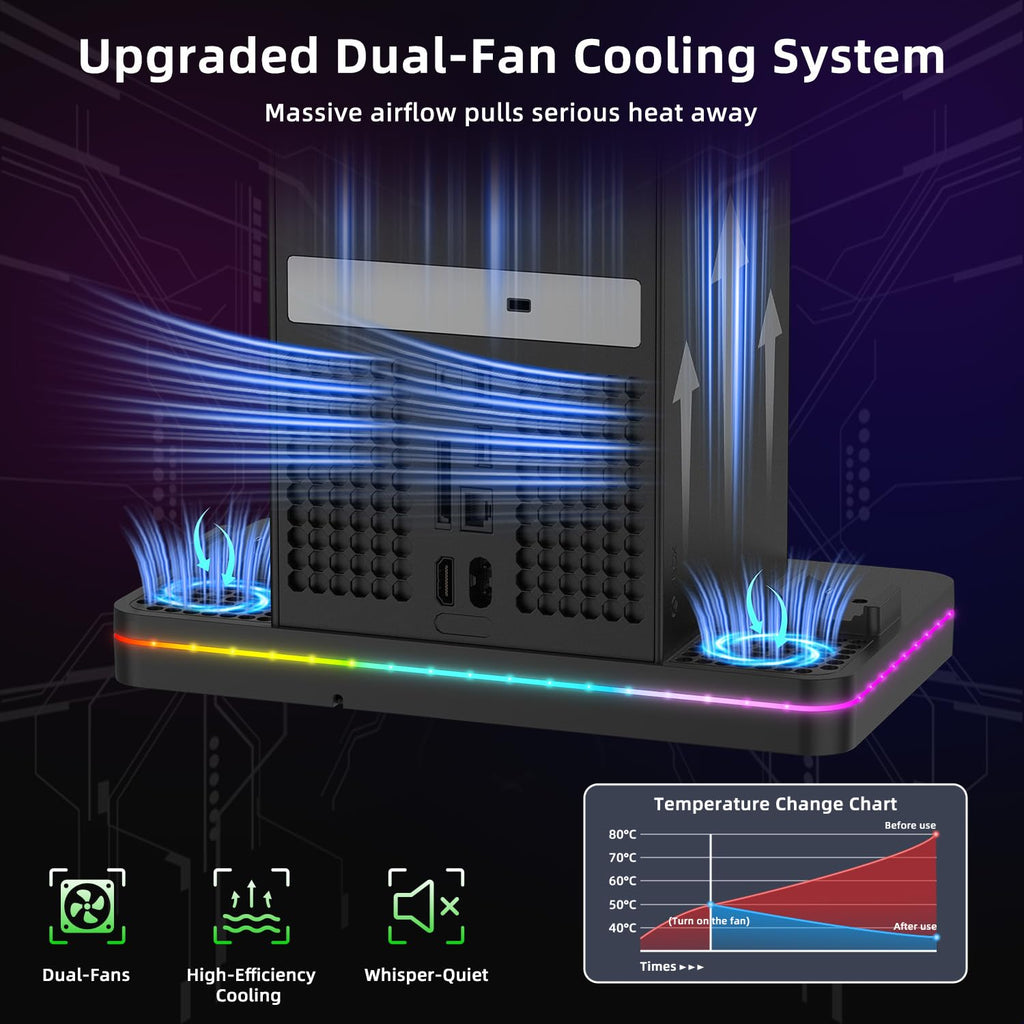 Accesorios Xbox Series X, soporte de carga de ventilador de refrigeración compatible con consola Xbox Series X/S, base de carga inalámbrica de doble controlador, ventiladores de 2 velocidades, 15