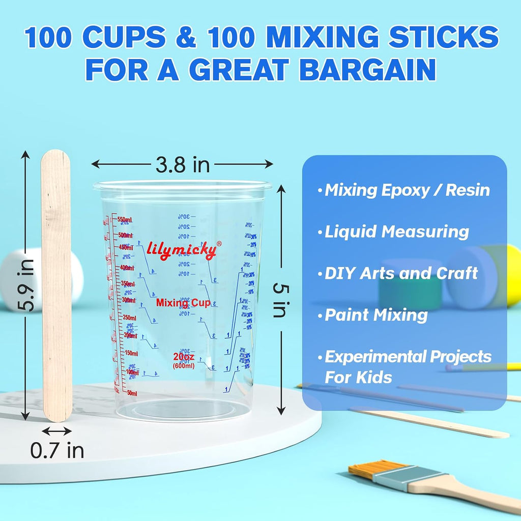 Paquete de 100 vasos de plástico para mezclar, 20 oz (600ml), vasos medidores desechables con 50 varillas de mezcla de madera, relaciones de medición: 2:1, 3:1, 4:1, adecuado para resina epoxi