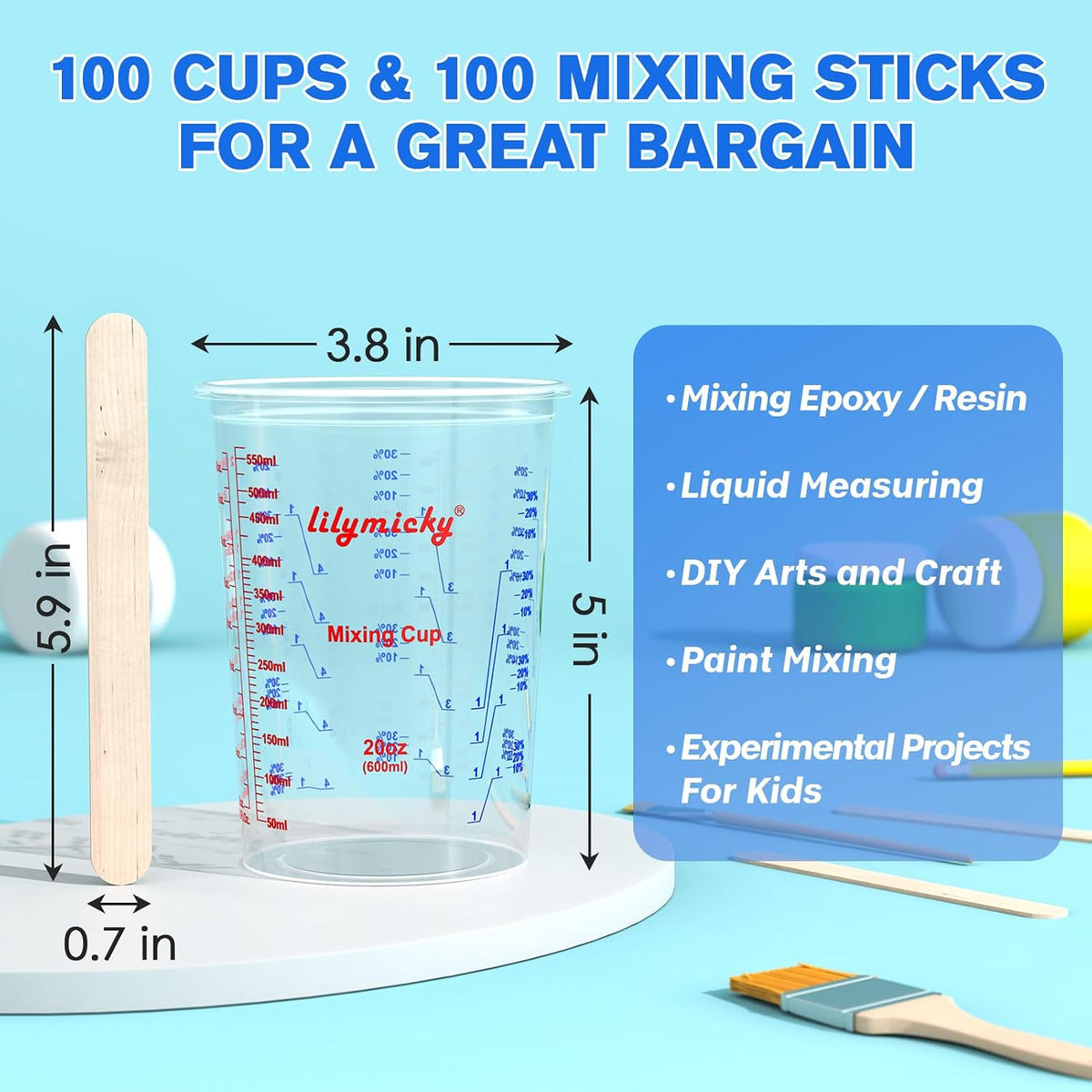 Paquete de 100 vasos de plástico para mezclar, 20 oz (600ml), vasos medidores desechables con 50 varillas de mezcla de madera, relaciones de medición: 2:1, 3:1, 4:1, adecuado para resina epoxi