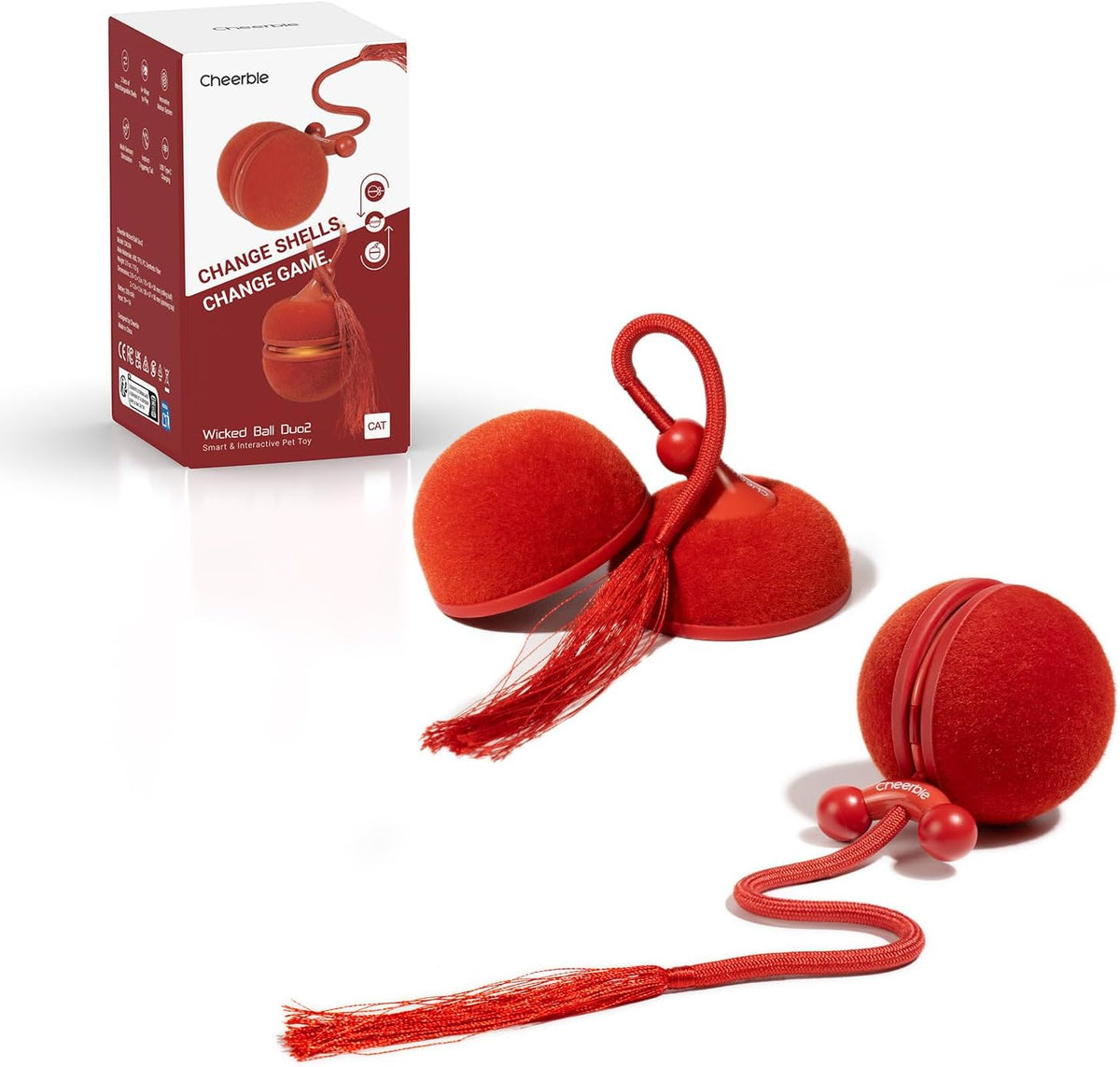 Cheerble Juguetes interactivos 2 en 1 para gatos de interior – Wicked Ball Duo2 juguete automático para gatos, conchas intercambiables duales, bola de juguete eléctrica para gatos con sonidos de chirrido, juguetes recargables para gatitos en movimiento, c