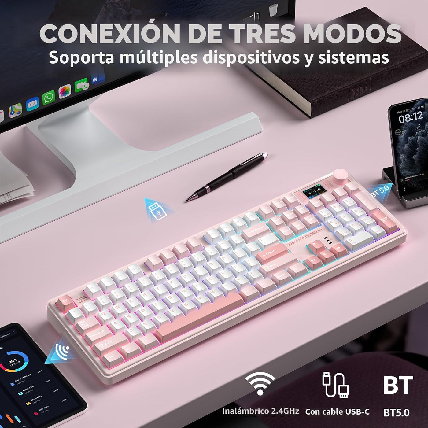 LINGBAO K108 Pro Teclado mecánico inalámbrico cremoso rosa con tecl...