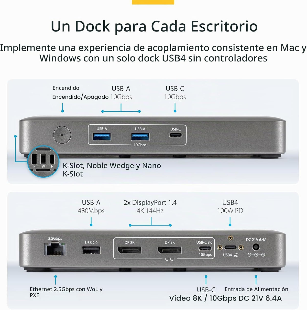 StarTech Base USB 4 sin controlador, doble 4K 144Hz para Mac y Windows, 100
