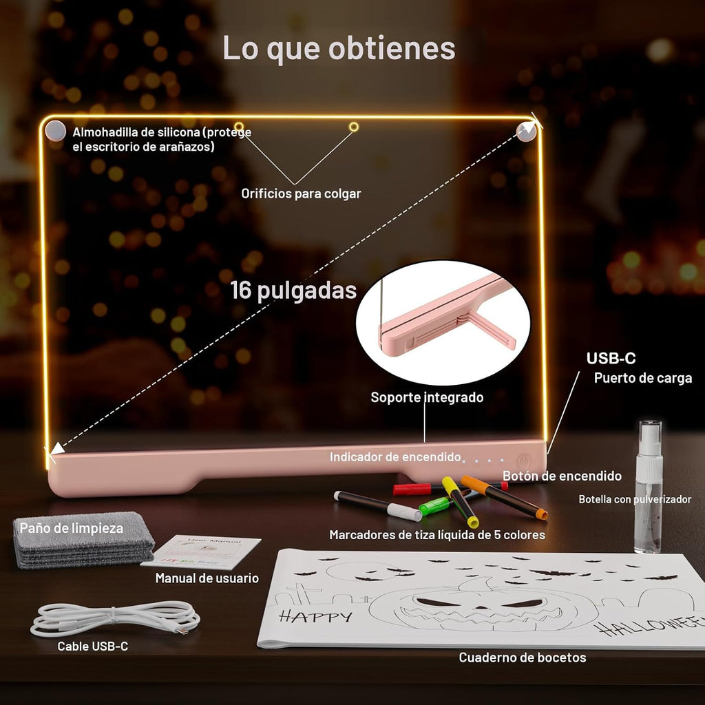 Geokay Tablero de dibujo LED recargable de 16" con efectos de luz de 9