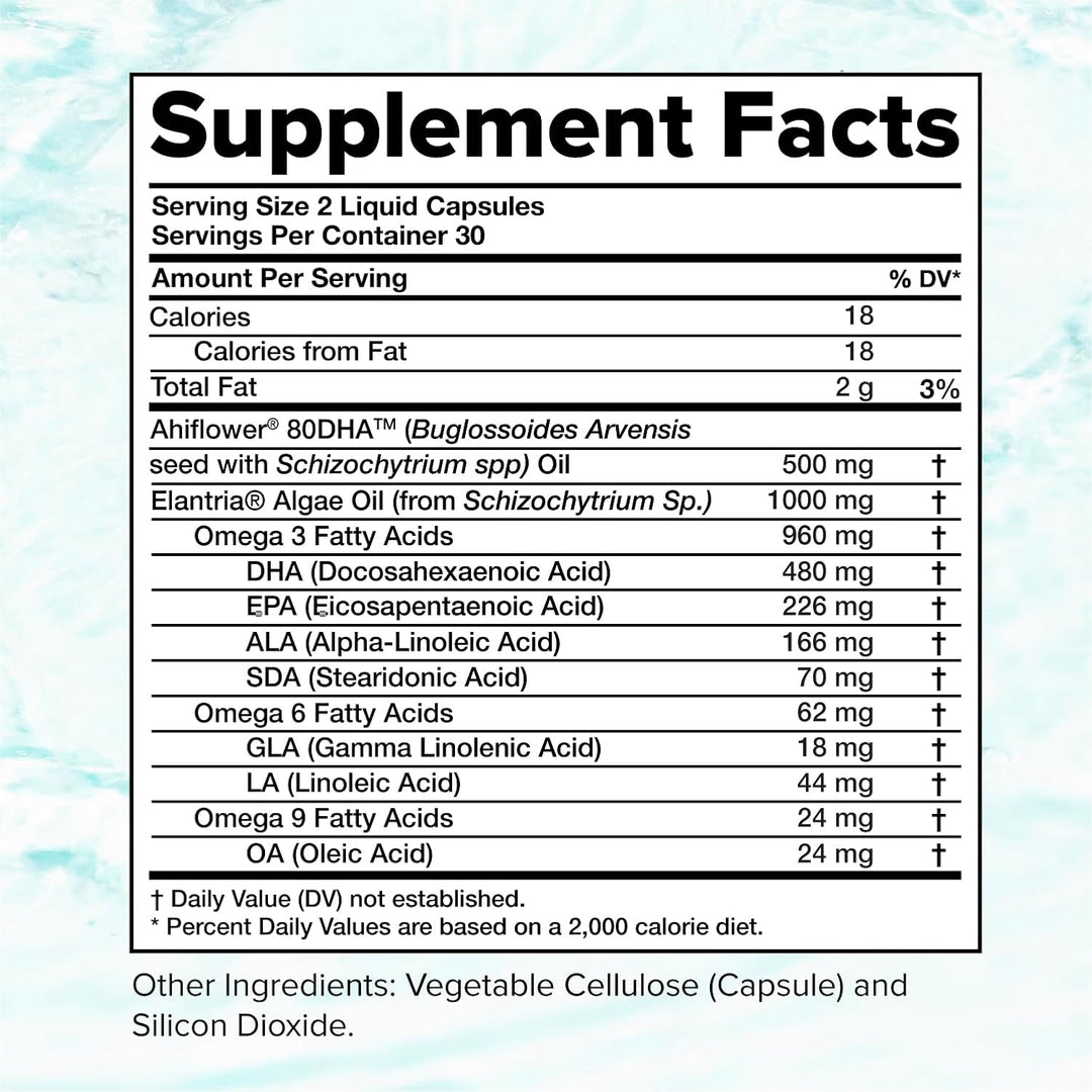 Suplemento vegano Omega 3 - 960 mg de ácidos grasos omega-3, DHA, E...