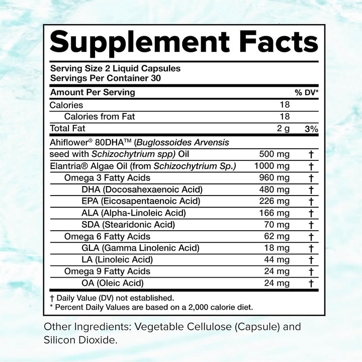 Suplemento vegano Omega 3 - 960 mg de ácidos grasos omega-3, DHA, E...