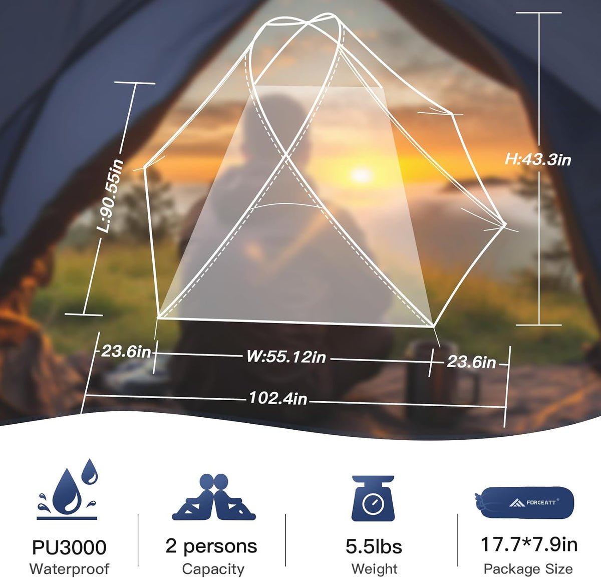 Forceatt Tienda de Campaña para 2 Personas, Tienda de Mochileros Impermeable y Resistente al Viento, Tienda Instantánea Ultraligera con Protección contra la Lluvia para Acampar, Senderismo