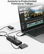 AGEEN, hub USB 3.2 de 10 puertos, alimentado, adaptador 12V/4A