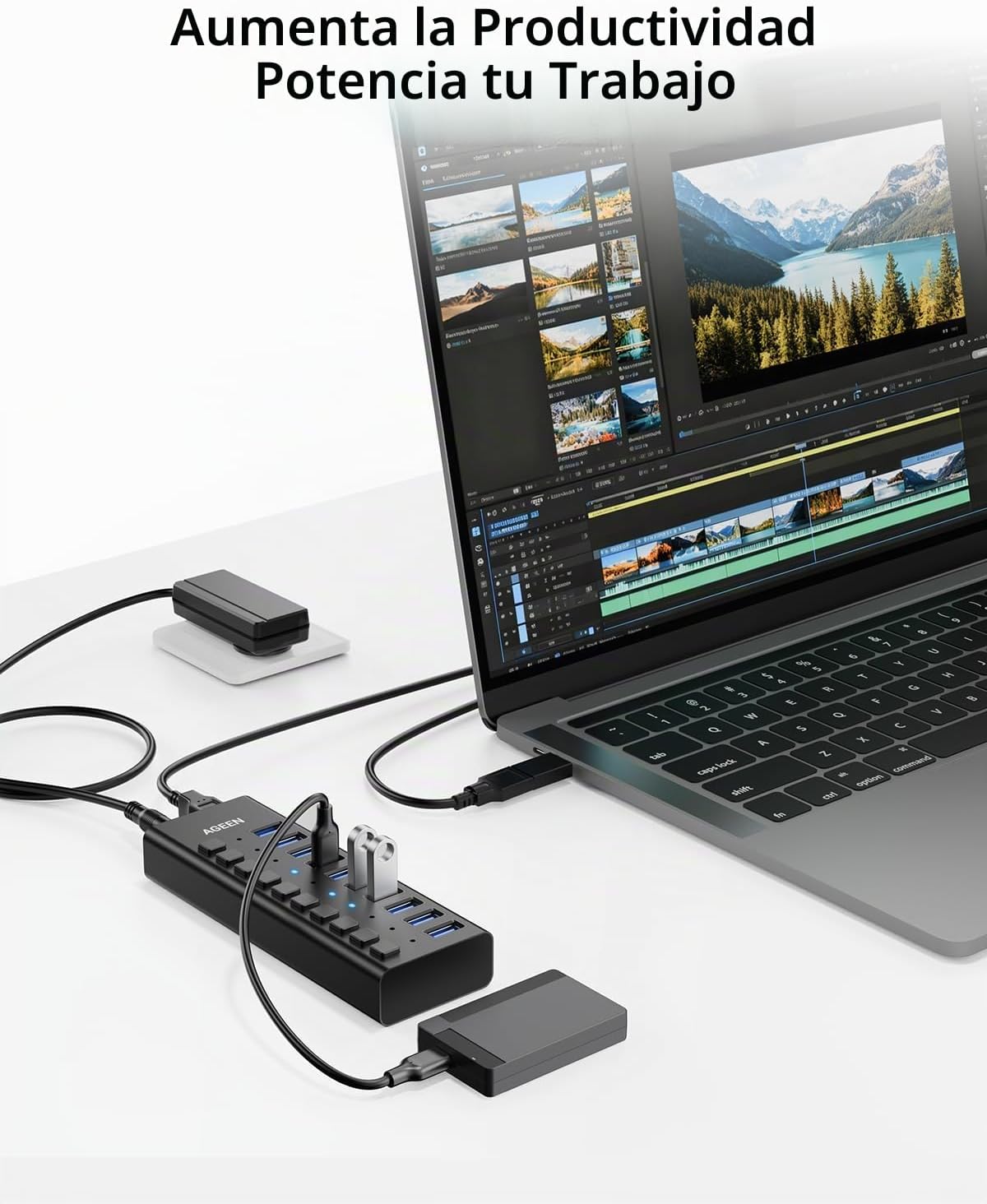 AGEEN, hub USB 3.2 de 10 puertos, alimentado, adaptador 12V/4A