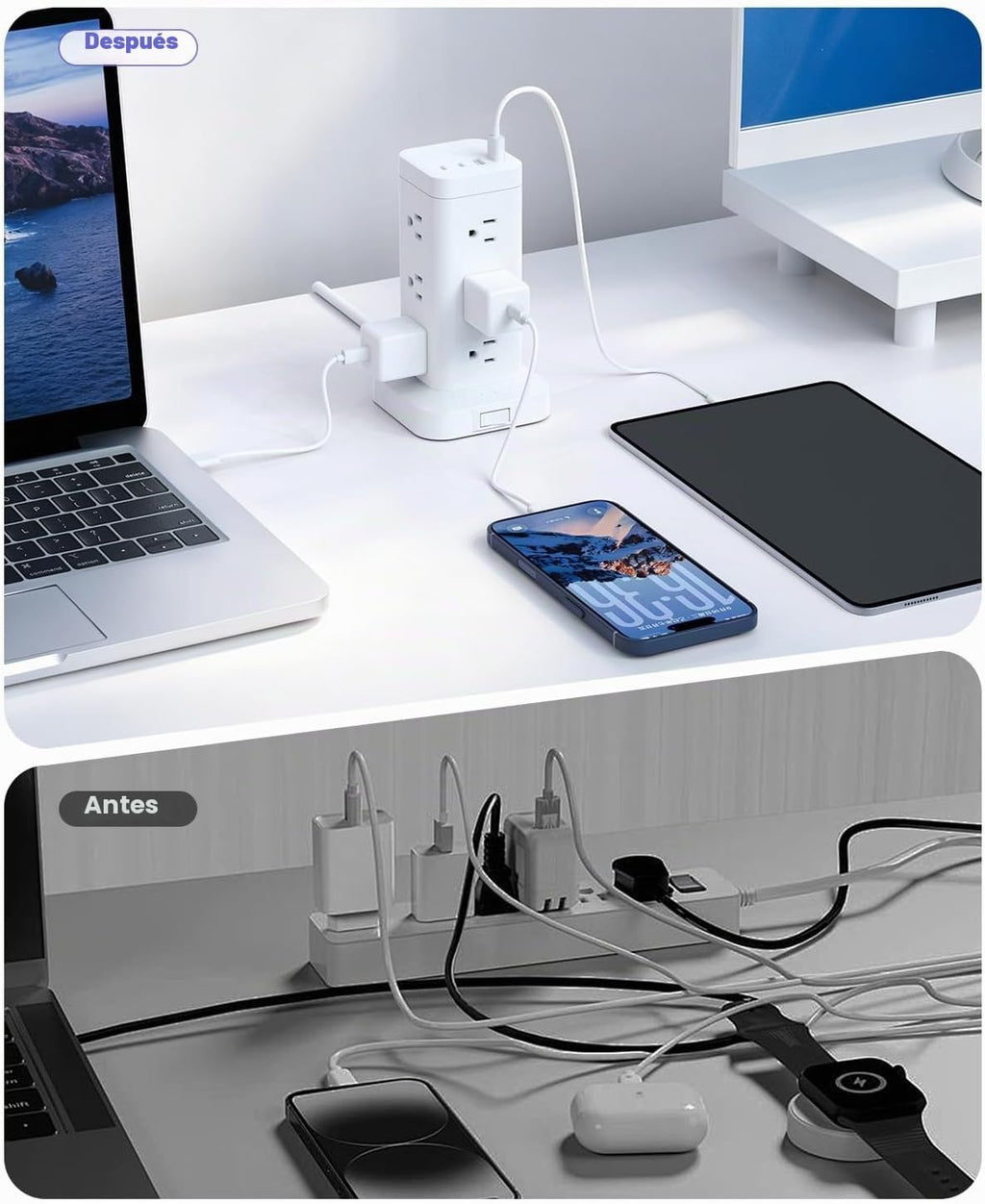 Regleta de alimentación de torre con puerto de carga rápida PD de 30 W, 12 tomas, 4 puertos USB (2 USB-C), protector de sobretensiones de 1800J, estación de carga para múltiples dispositivos, cable de