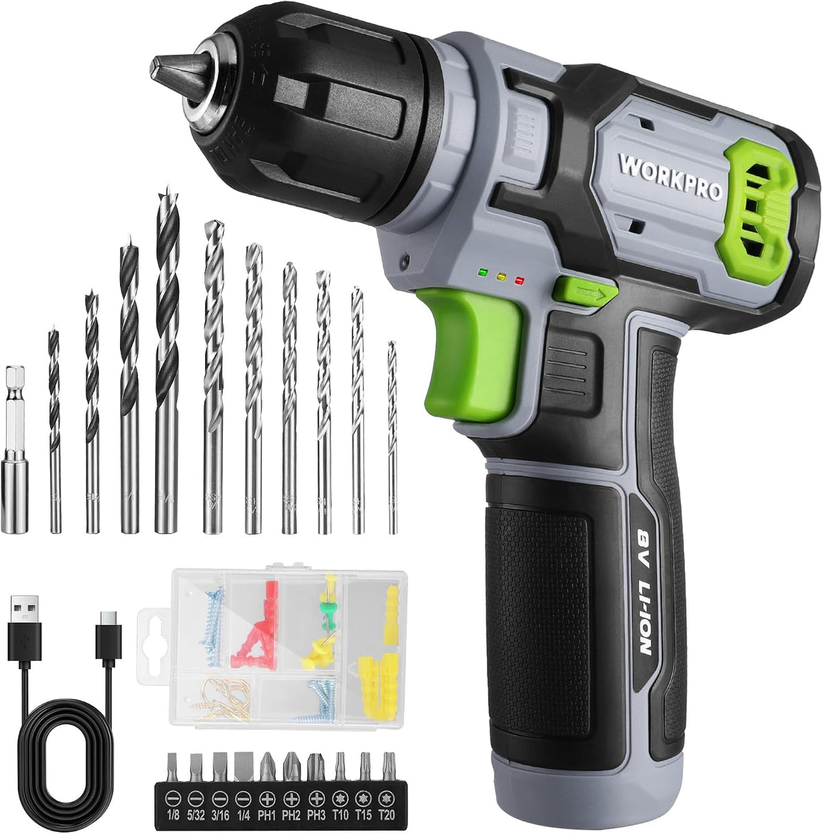 WORKPRO 8V Cordless Drill Set con Battery y Charger, 3/8" Keyless Chuck