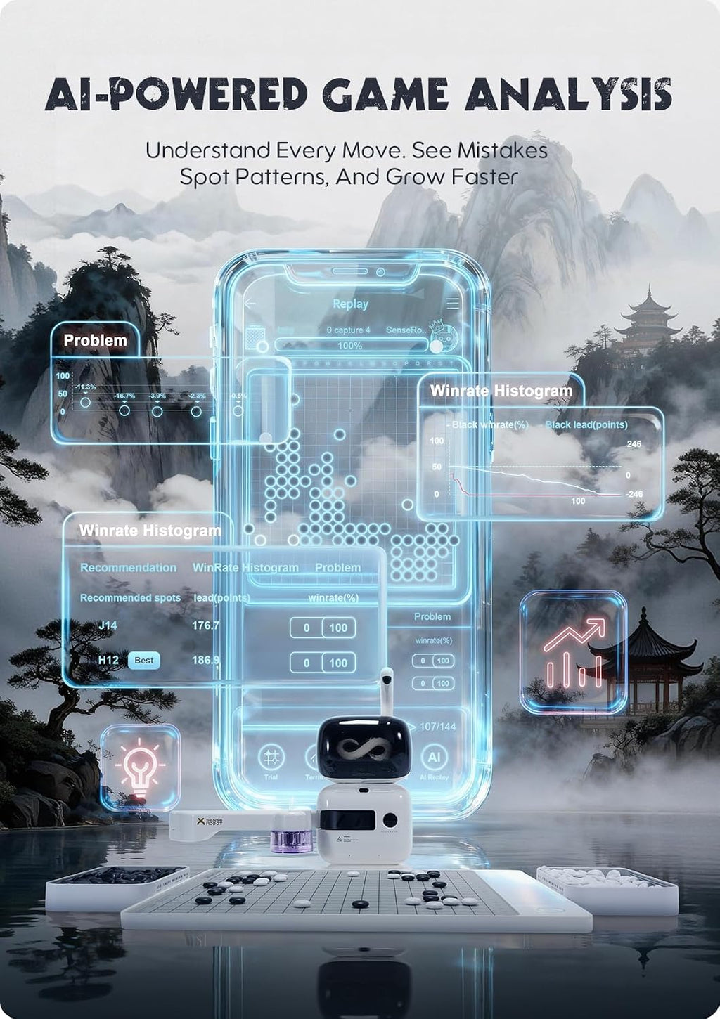 Sense Robot Go Profesional – Tablero inteligente de Go AI con brazo robótico, AI de 23 niveles para todos los niveles de habilidad, duelo Apex, revisión de juego en tiempo real, actualizaciones Wi-Fi