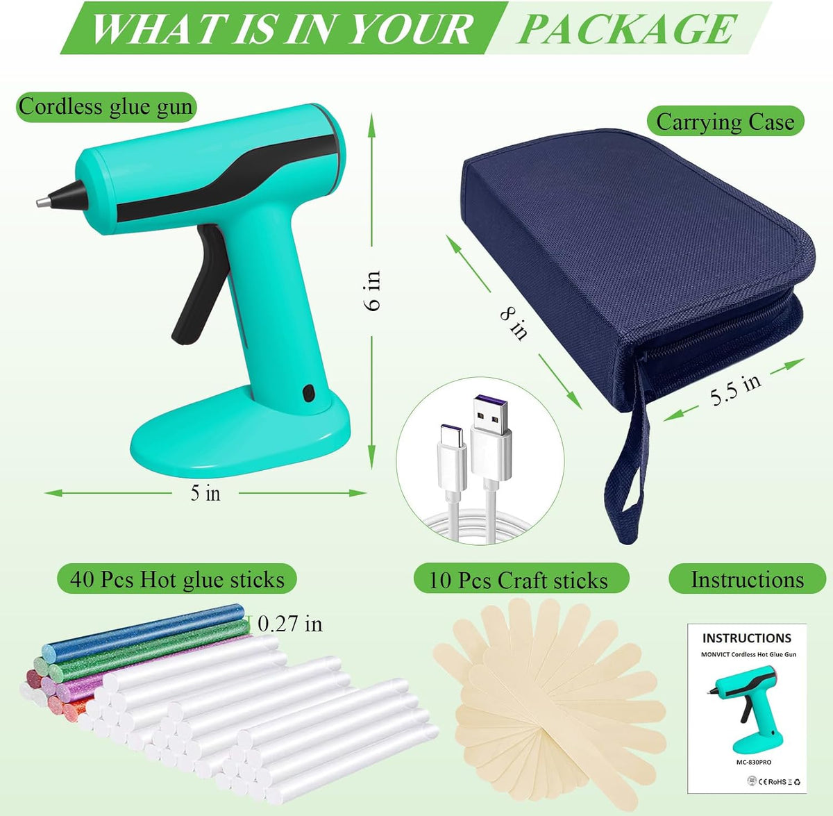 Pistola de silicón inteligente con apagado automático, kit de mini pistola de pegamento sin cable con batería de 2.2A, bolsa de almacenamiento, 40 barras de pegamento, 10 palos de