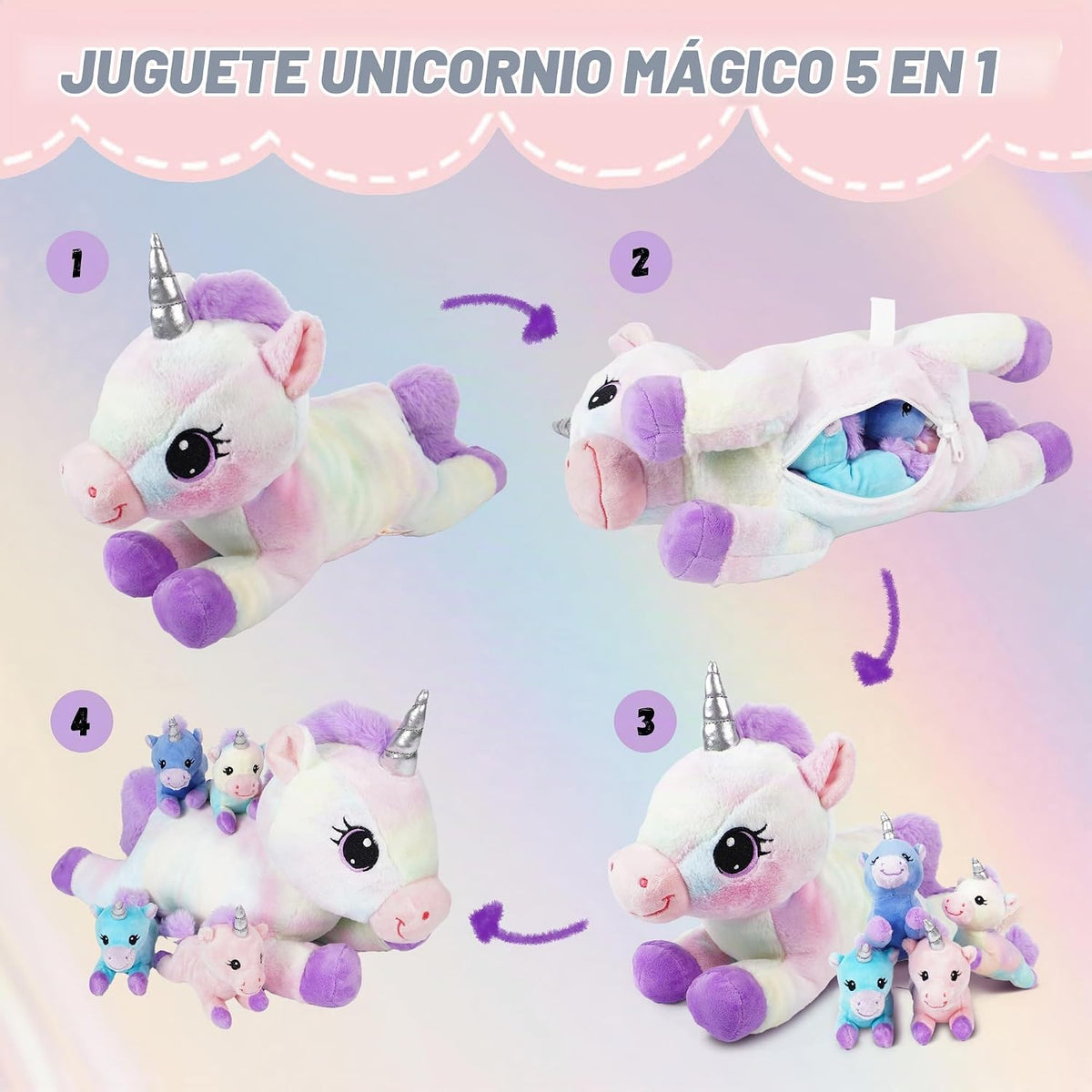 little tigers Peluche de unicornio mamá con 4 bebés en la barriga