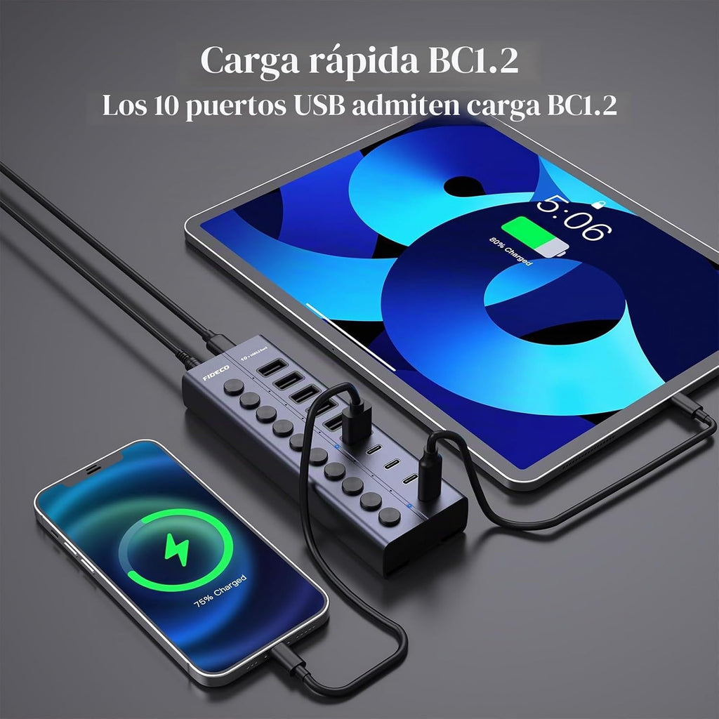 FIDECO, HCA64, hub USB 3.2 de 10 puertos, alimentado