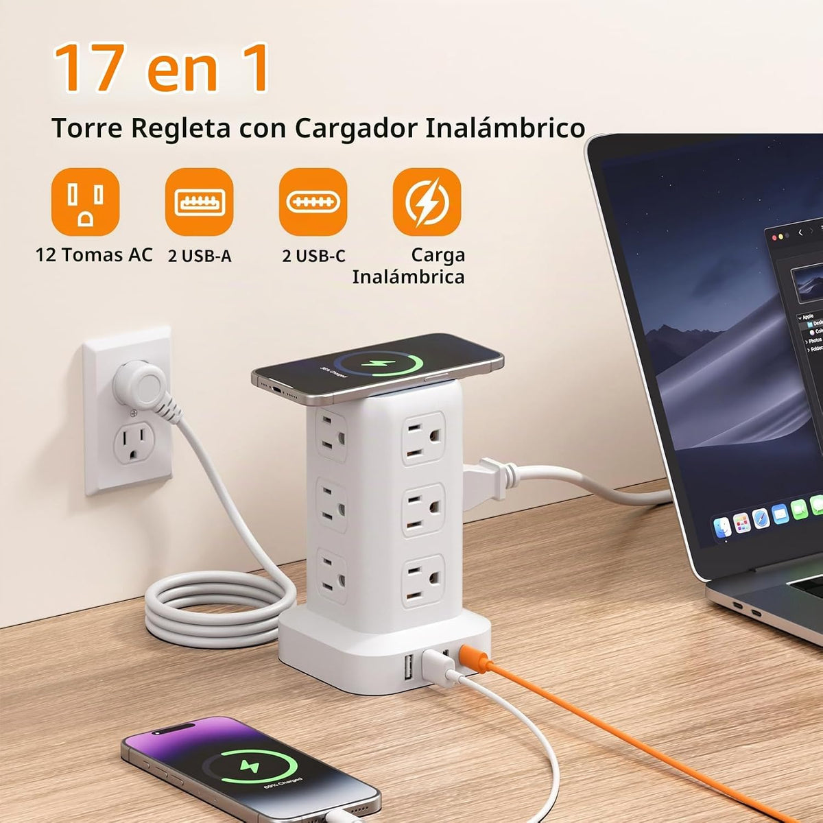SMALLRT - Cable de extensión con múltiples tomas, torre de regleta de alimentación con protector de sobretensiones, extensor de salida de 10 pies con 12 salidas de CA, 4 USB, regleta de alimentación