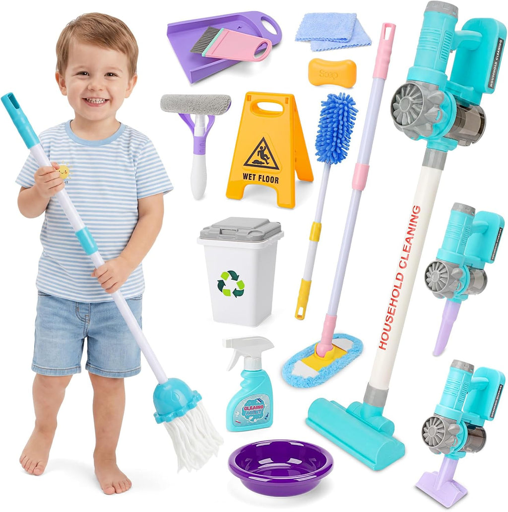 deAO Juego de juguetes de limpieza para niños, 14 piezas, desmontables, con trapeador al vacío, escoba, lavabo, juguetes de limpieza, regalo de cumpleaños para niñas y niños de 3 a 8 años