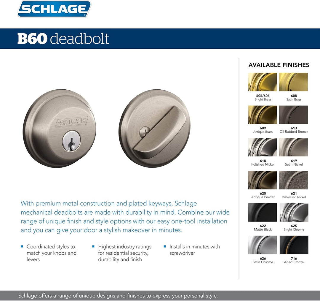 Schlage B60 N 619 - Cerrojo de seguridad con llave de 1 lado, la má...