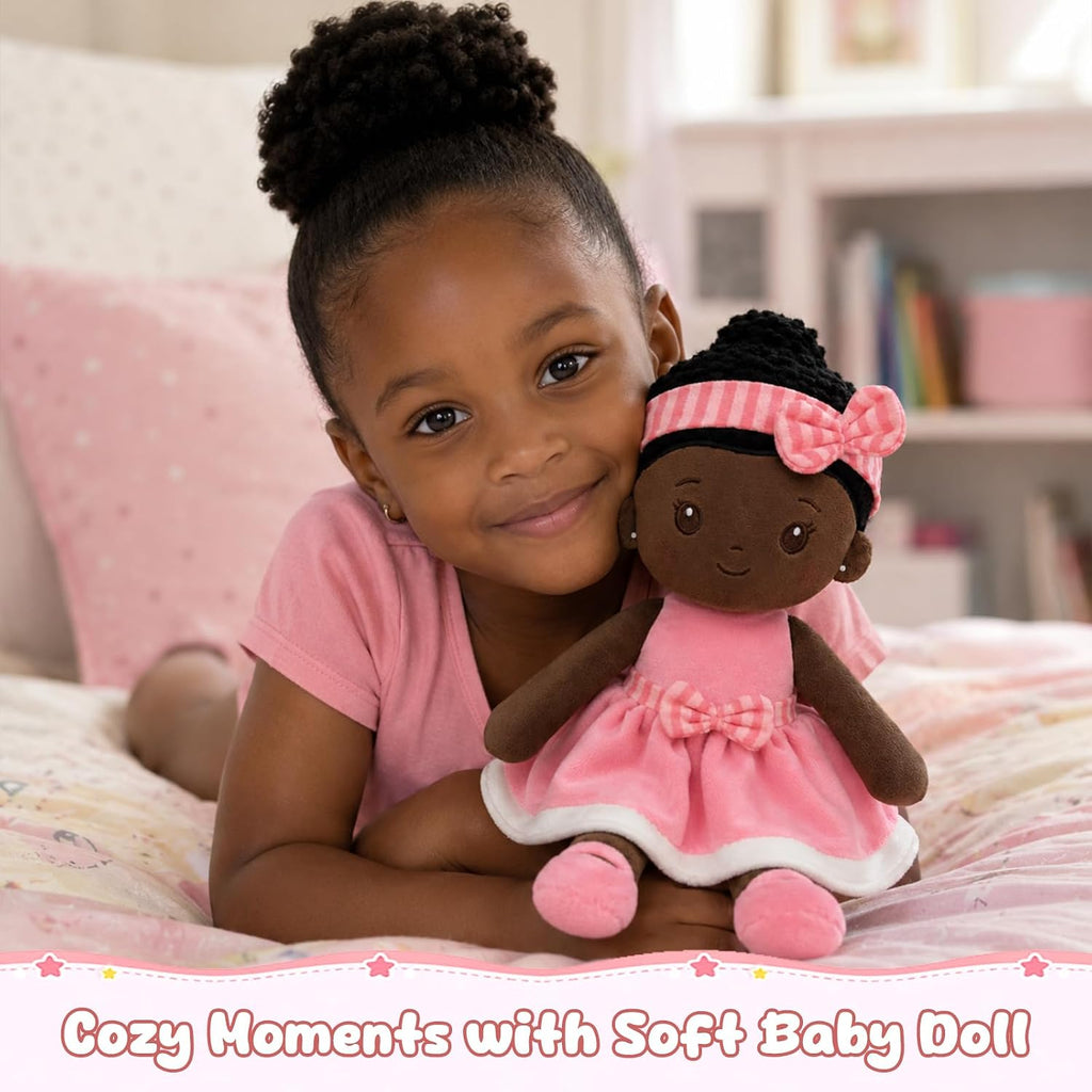 SQEQE Muñeca de bebé negra suave, muñecas de trapo de felpa de 11 pulgadas para regalo de cumpleaños de niña de 1 año, muñecas multiculturales para bebés afroamericanos, juguetes para bebés, niños