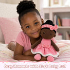 SQEQE Muñeca de bebé negra suave, muñecas de trapo de felpa de 11 pulgadas para regalo de cumpleaños de niña de 1 año, muñecas multiculturales para bebés afroamericanos, juguetes para bebés, niños
