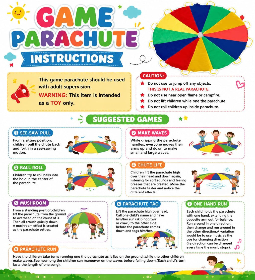 Paracaídas de 8 pies para niños con 9 asas para jugar paracaídas para 4 y 8 niños, tienda de campaña, juegos cooperativos, regalo de cumpleaños