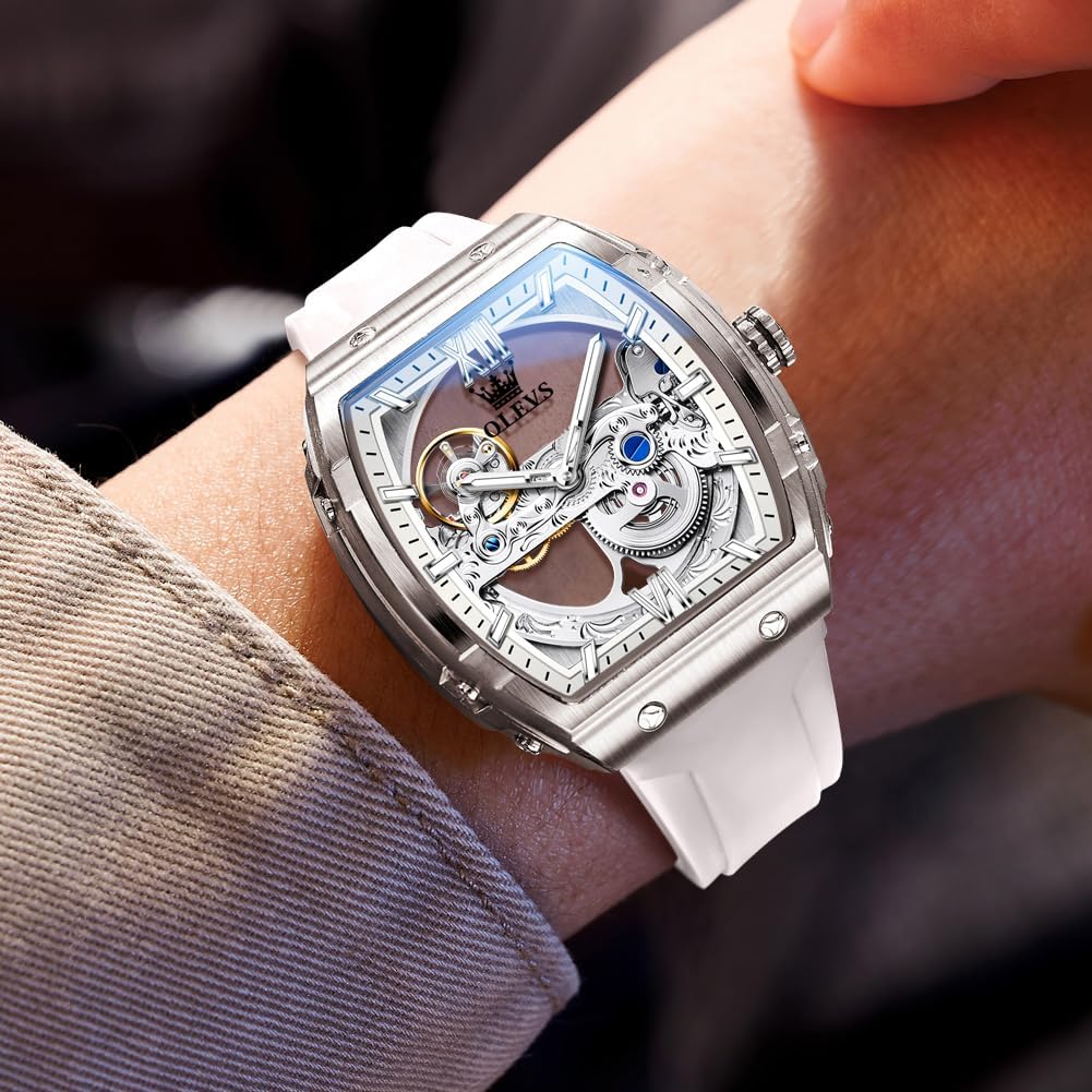 OLEVS Reloj para Hombre Skeleton Automático Tonneau Correa de Silicona Negocios Lujo a Prueba de Agua Luminoso Reloj Mecánico para Hombre