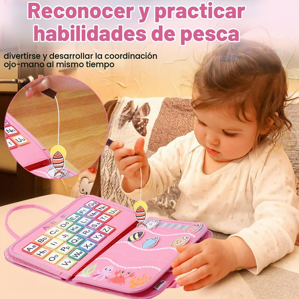 Tabla de actividades de viaje, juguete sensorial de viaje, regalos para niñas y niños, juguetes Montessori para aprender habilidades motoras finas, actividades educativas, libro ocupado para avión (rosa)