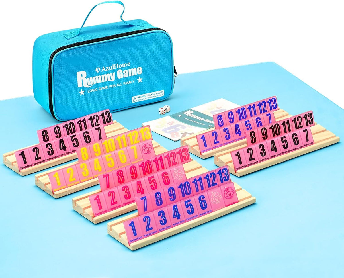 Rummy Cube Edición para 6 jugadores con 6 estantes de madera con tapete de juego de mesa, 160 azulejos acrílicos (1.5 pulgadas) Juego de Rummy con bolsa, juego de robos de tamaño de viaje para 6