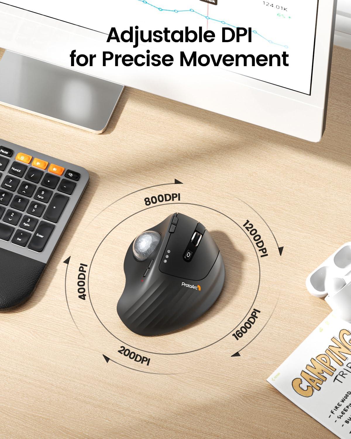 ProtoArc EM01 NL - Ratón de Trackball inalámbrico, ergonómico Bluet...
