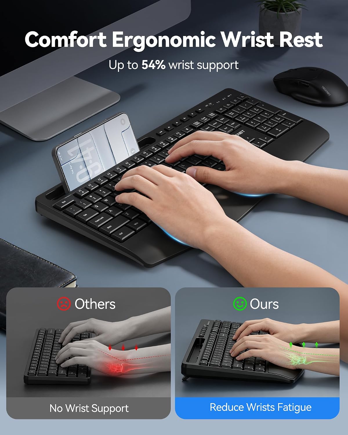 TECKNET Combo de teclado y mouse inalámbricos, teclado ergonómico d...