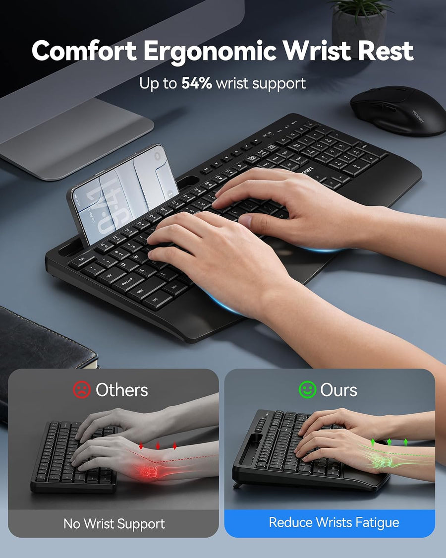 TECKNET Combo de teclado y mouse inalámbricos, teclado ergonómico d...