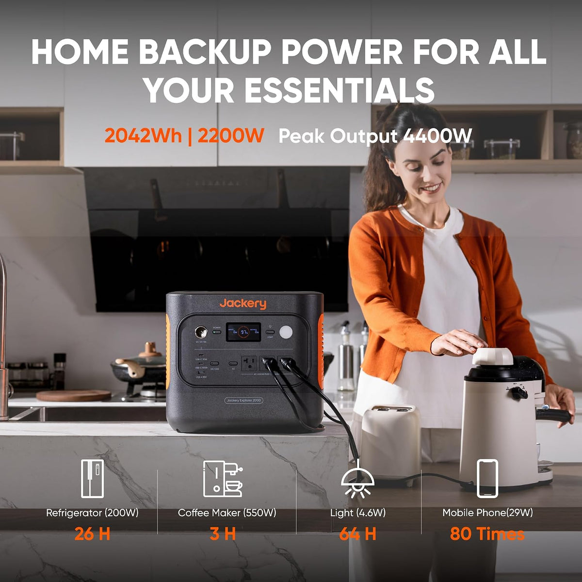 Jackery Explorer 2000 v2 Estación de Energía Portátil, Batería de Respaldo Doméstica LiFePO4 de 2042Wh, Generador Solar de 2200W, Carga Rápida USB-C PD de 100W para Emergencias, Cortes de Energía
