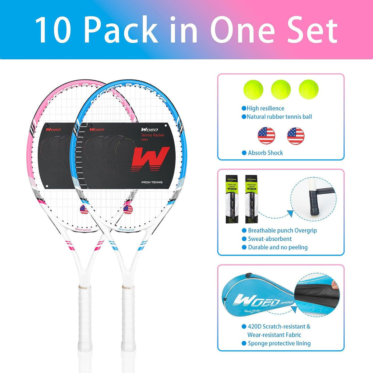 Raqueta de tenis profesional para adultos, 2 jugadores de 27 pulgadas, raqueta de tenis de velocidad aceptable para principiantes y profesionales con 3 pelotas de tenis, 2 amortiguadores de vibración,