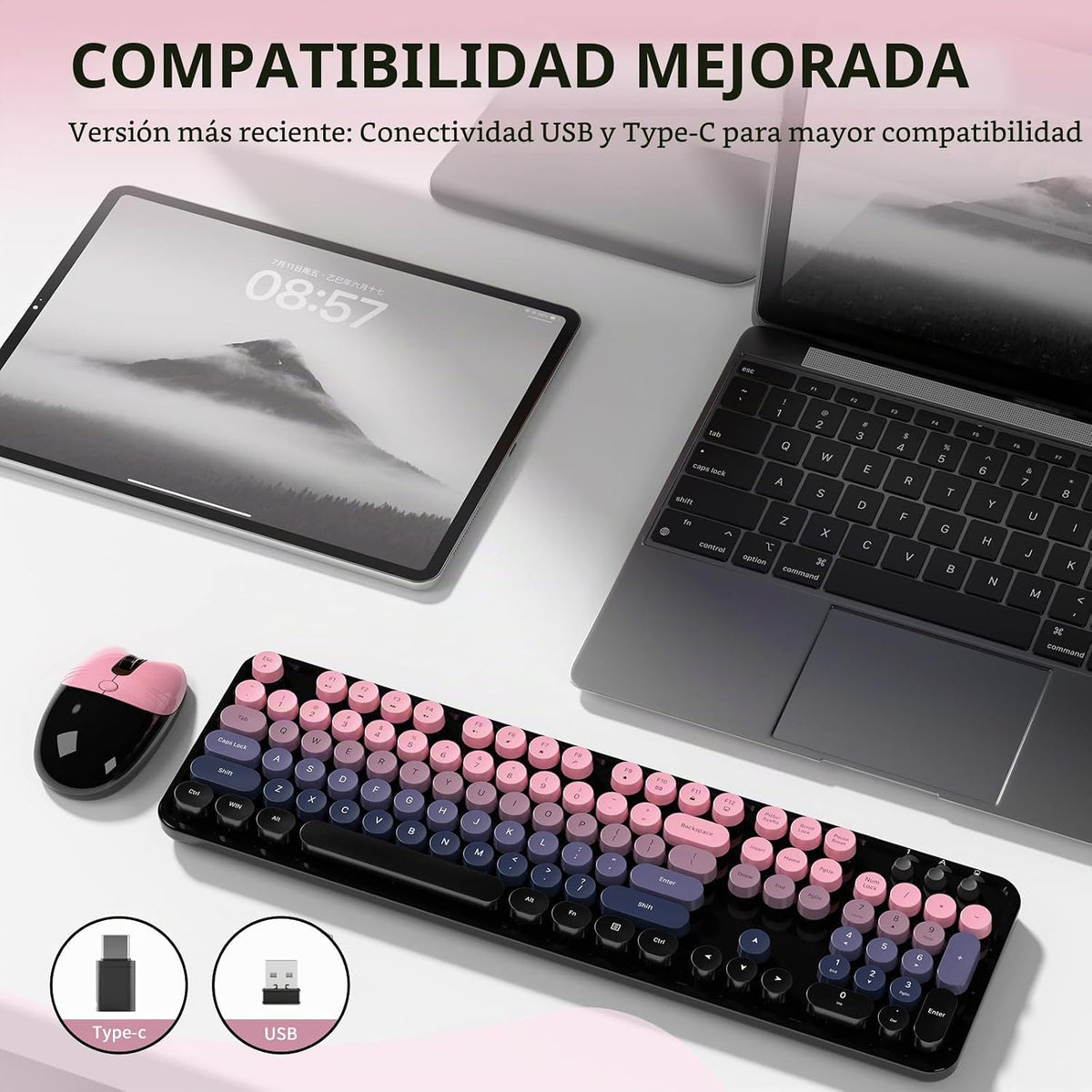 Teclado y mouse inalámbricos, MOFII con teclas redondas retro de 10...