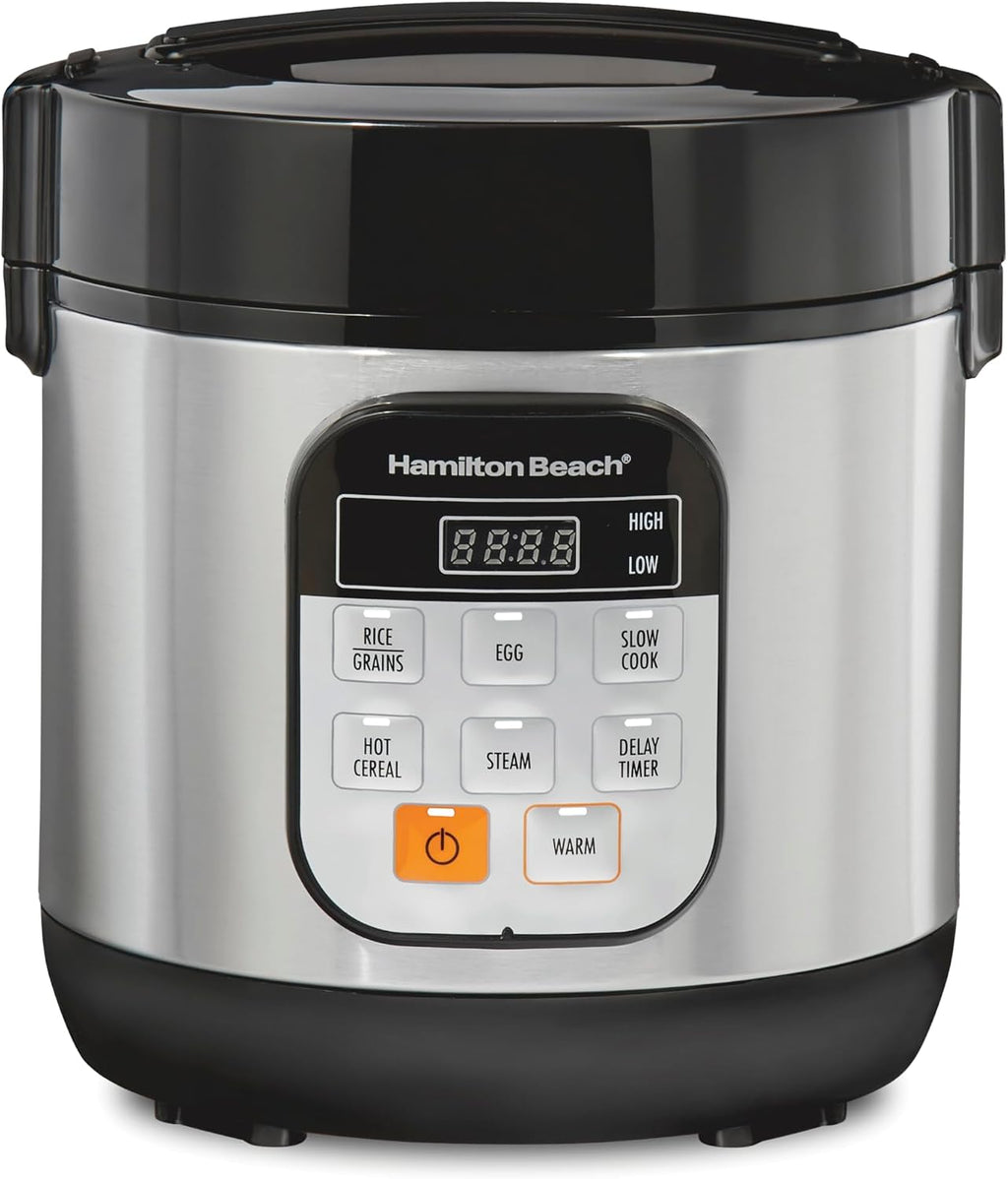 Hamilton Beach - Arrocera programable digital y vaporizador de alimentos, con funciones de huevo duro cocido a fuego lento, bandeja para huevos/vapor, pequeña y compacta, 6 tazas cocinadas (3 sin