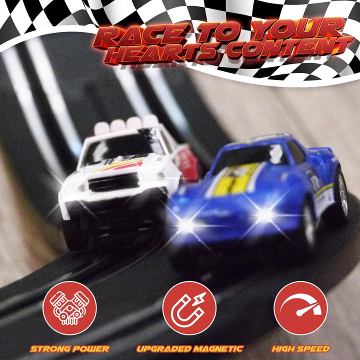 Juego de pistas de carreras de autos con 4 autos de alta velocidad,...