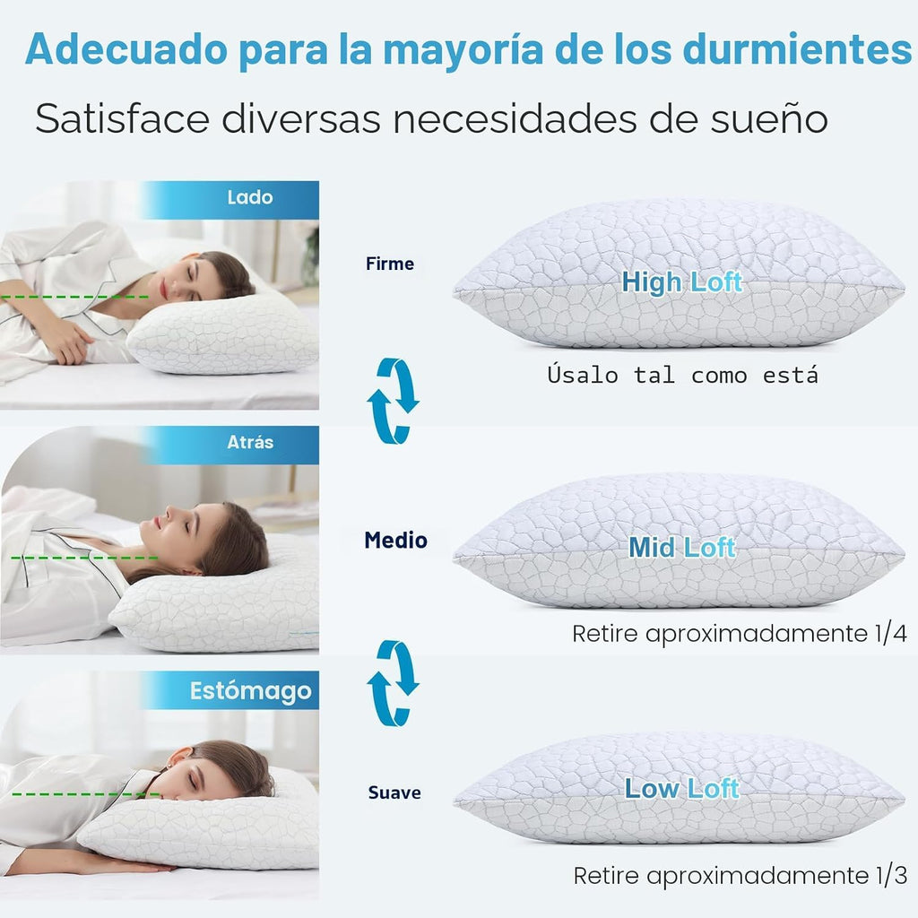QUTOOL Juego de 2 almohadas refrescantes de espuma viscoelástica triturada CertiPUR-US, tamaño Queen, almohada fresca para personas que duermen con calor, almohada firme ajustable para personas que