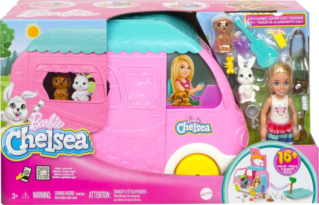 Barbie Camper, Chelsea - Juego 2 en 1 con muñeca pequeña, 2 mascota...