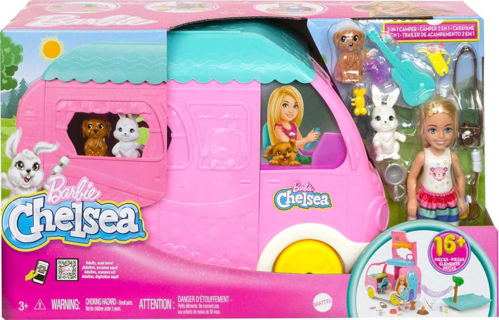 Barbie Camper, Chelsea - Juego 2 en 1 con muñeca pequeña, 2 mascota...