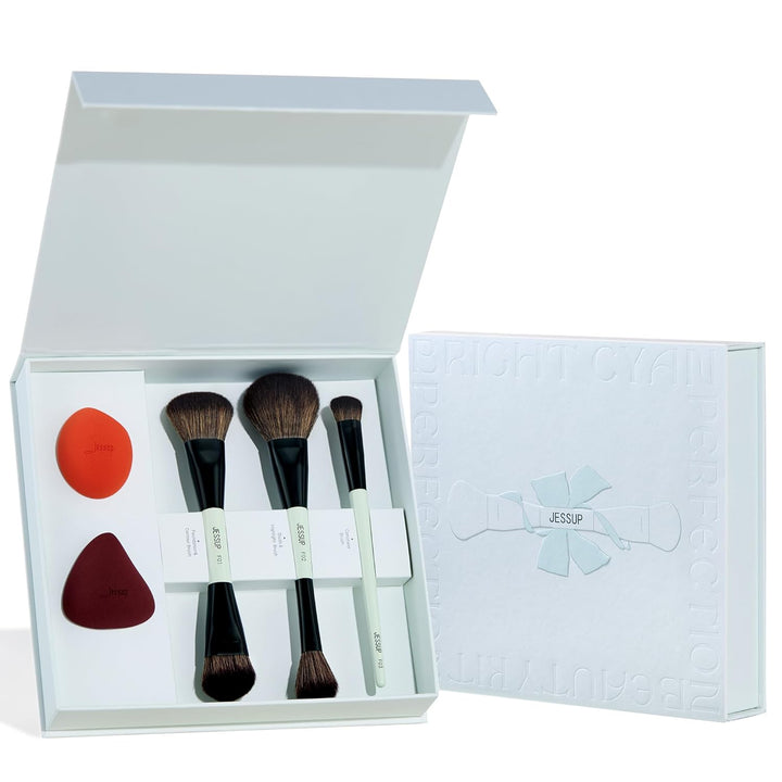Jessup brochas para el rostro con esponja de maquillaje, juego de 3...