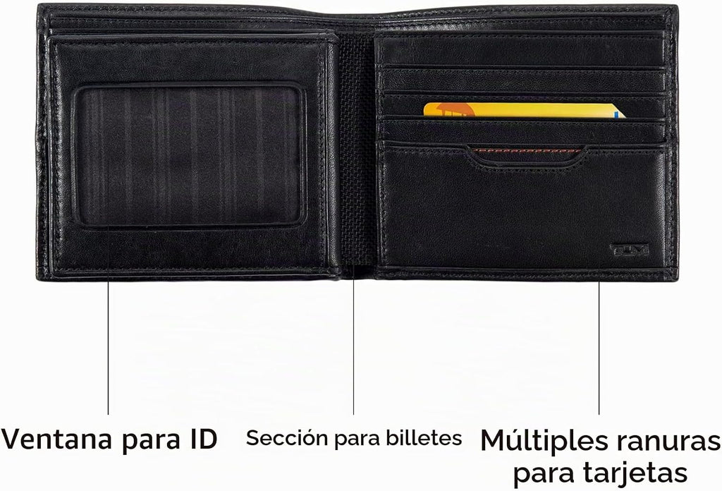 TUMI - Delta Global Center Flip ID Passcase - Billetera de cuero bifold - Accesorio de bloqueo RFID - Múltiples ranuras para tarjetas - 4" x 5" - Negro